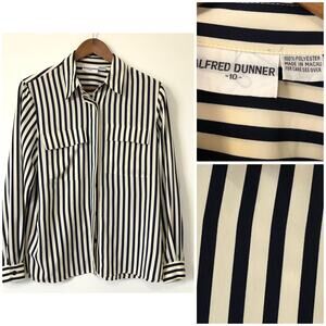 VTG 90s Alfred Dunner Navy Cream Striped Button Down Blouse 10 Medium Parisian
